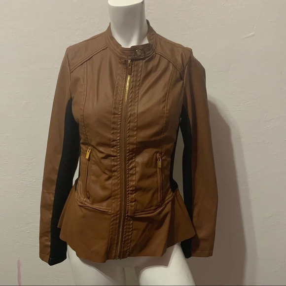 New Look Brown Faux Leather Full Zip Peplum Jacket Size S - Picture 1 of 2